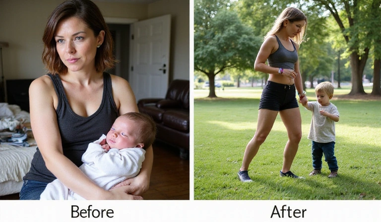 Sophia before and after her post-pregnancy health journey, showing her regaining energy and fitness.